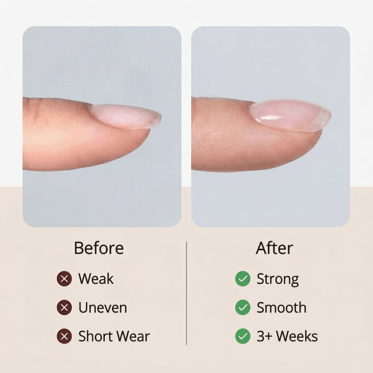 A finished builder gel manicure showing the smooth, low-profile, natural-looking result.
