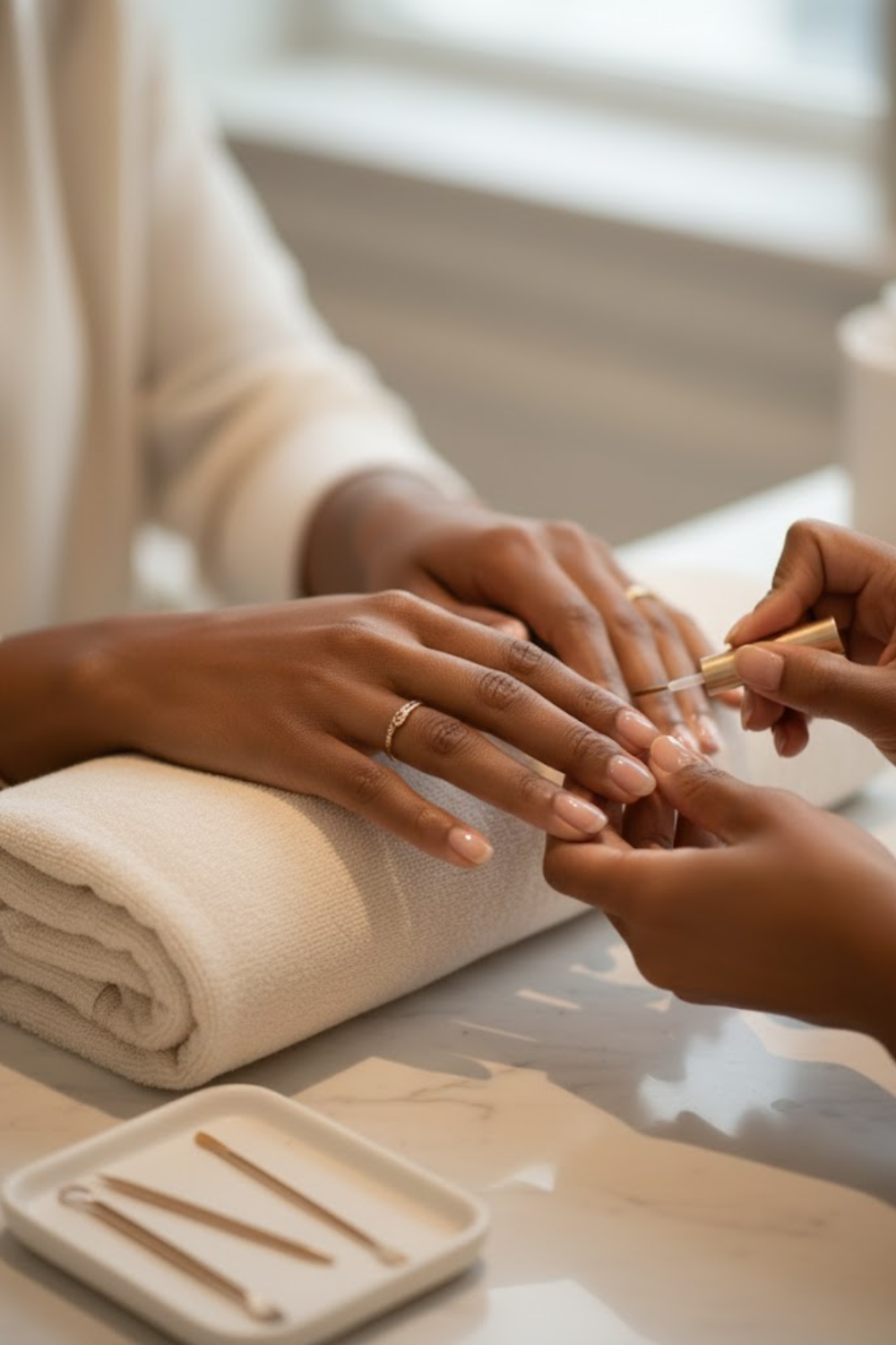 French-inspired Gel X manicure with a hand-painted tip.