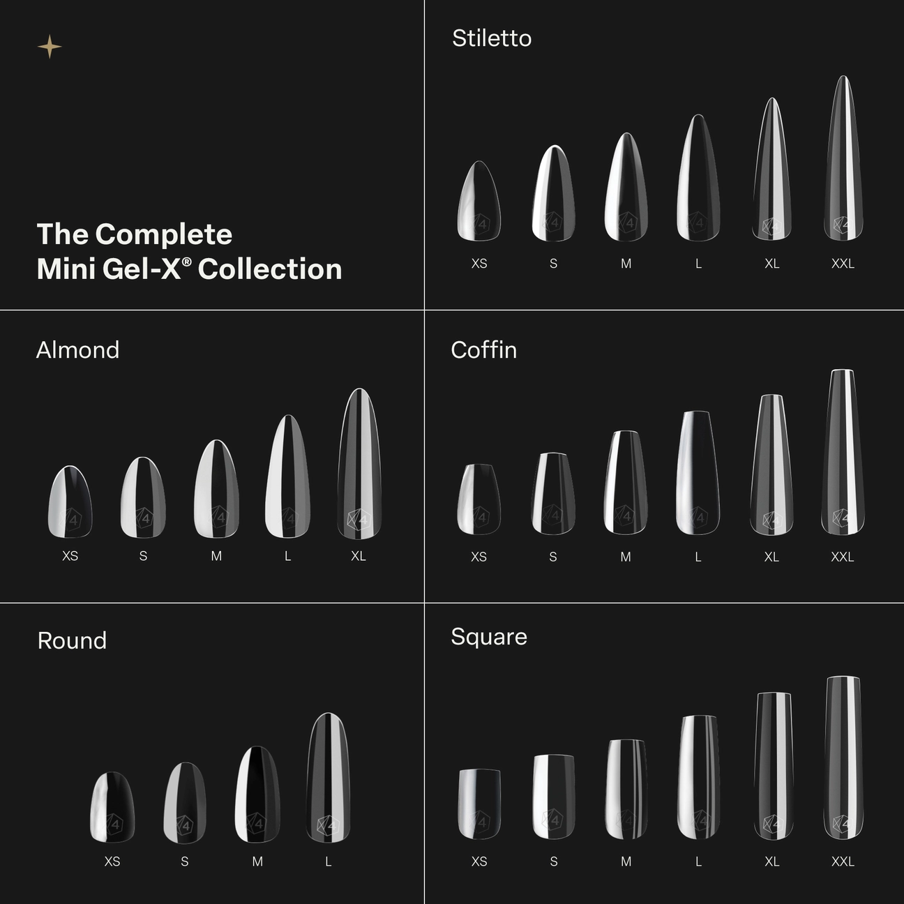 The complete Mini Gel X collection: stiletto, almond, coffin, round, and square tips in all sizes.