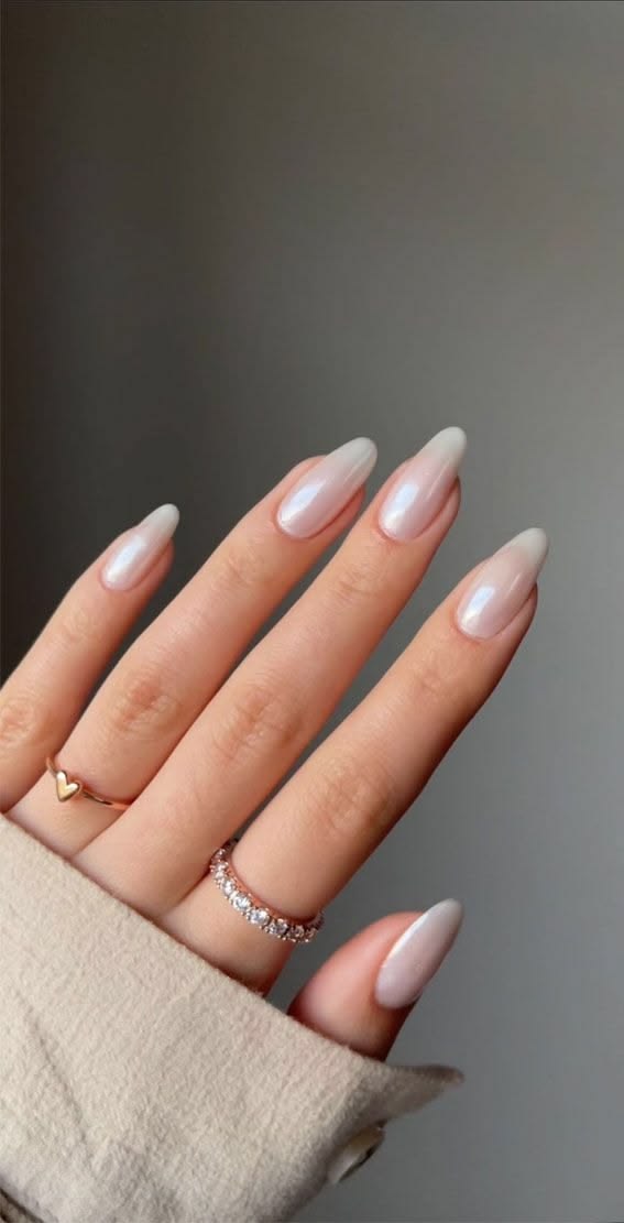 Glazed donut nail finish with a soft pearl shimmer.