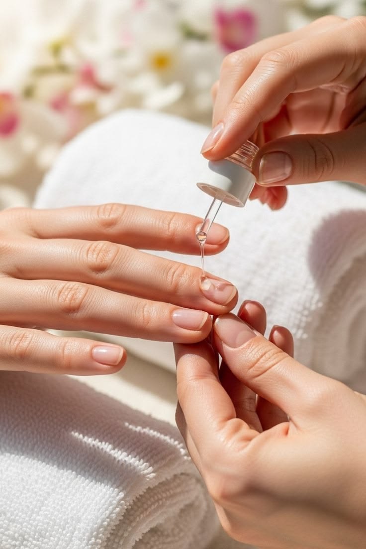 A finished builder gel manicure in a soft milky pink.